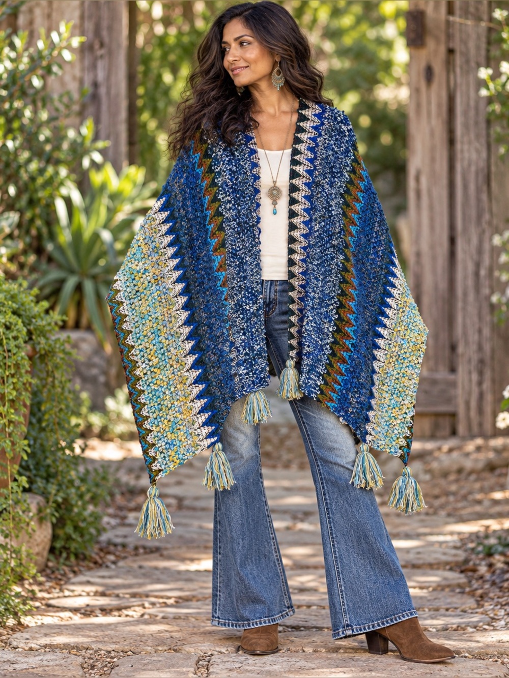 Lavender Tribe Blue Multicolor Textured Knit Tassel Boho Ruana Wrap